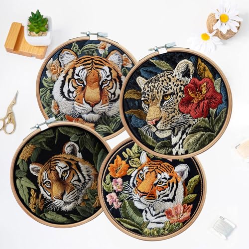 LB 4 Pack Wildlife Animal Leopard Embroidery Kit for Beginners Green Leaf Beginner Embroidery Kit for Adults DIY Starter Kit with Embroidery Hoop Colorful Threads Tools Step by Step Instructions