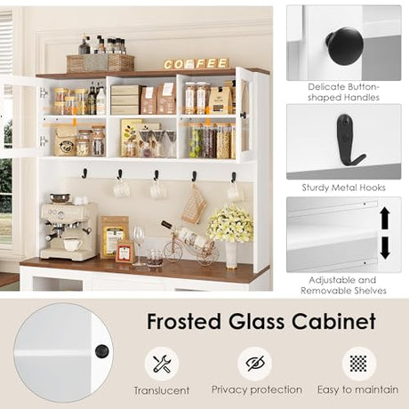 HIFIT 71" Tall Kitchen Pantry Cabinet, Kitchen Hutch Coffee Bar with 4 Drawers & 5 Metal Hooks & 4 Doors & Microwave Stand, Hutch Cabinet for Living Room, Dining Room, White Pantry HIFIT