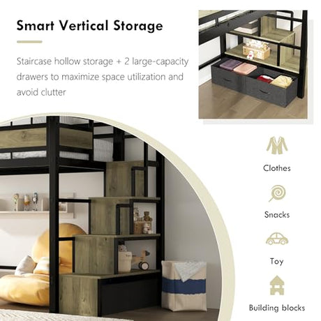 SDHYL Twin Size Loft Bed, with Storage Stairs & Drawers,Space-Saving Heavy-Duty Metal Bed Frame, No Box Spring Needed, Easy Assembly, Black SDHYL
