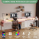 LALFPET U-Shaped Desk with Power Outlets & LED Lights - 79" Reversible Corner Computer Desk with Monitor Stand and Storage Shelf for Home Office, Gaming, and Two-Person Use, Pink LALFPET