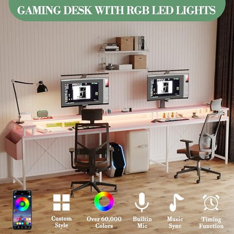 LALFPET U-Shaped Desk with Power Outlets & LED Lights - 79" Reversible Corner Computer Desk with Monitor Stand and Storage Shelf for Home Office, Gaming, and Two-Person Use, Pink LALFPET