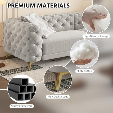 Tabaray 97.7'' Pull Out Sofa Bed King, Chesterfield Velvet Sleeper Sofa, Convertible L-Shaped Futon Couch, Tufted Back, Ottoman, Deep Seat Loveseat Couches for Living Room, Apartment, Light Gray Tabaray