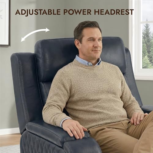 Watson & Whitely Genuine Leather Wall Hugger Power Recliner Chair with Power Headrest, Heating & Cooling, Electric Lay Flat Recliner with Cup Holders & Armrest Storage for Living Room, Navy Blue