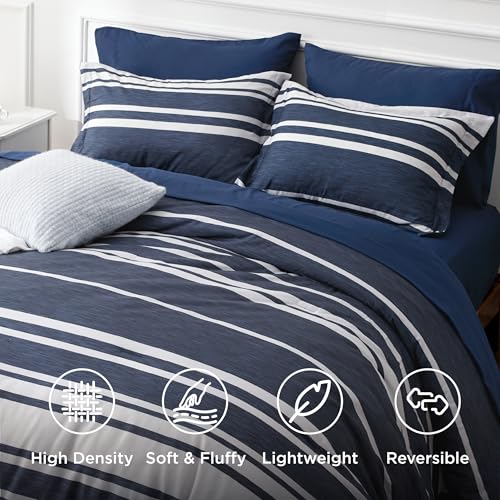 Bedsure Full Comforter Set 7 Pieces, Blue Striped Bedding Set for All Seasons, Reversible, Cationic Dyeing Bed in a Bag with Comforter, Sheets, Pillowcases & Shams Bedsure