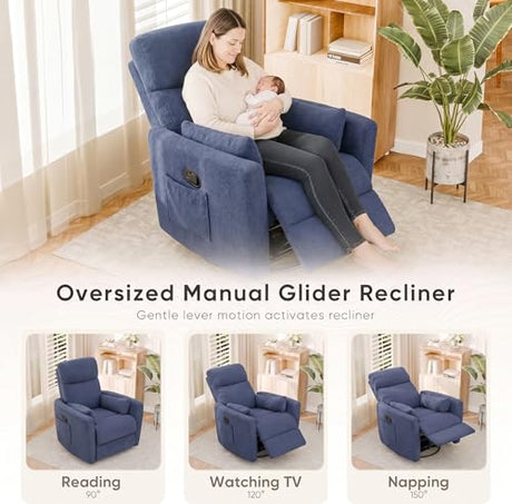 Flamaker Swivel Recliner Chair, Massage Nursery Rocking Chair with 2 Pillows, Comfy Single Sofa Glider Rocking Chair with Side Pockets for Living Room (Fabric, Blue) Flamaker