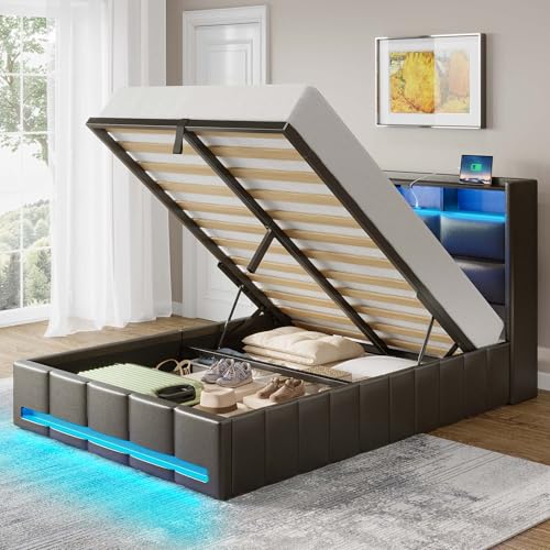 Rolanstar Bed Frame Twin Size with Lift Up Storage, Charging Station & LED Lights, Upholstered Storage Headboard, Heavy Duty Wooden Slats, No Box Spring Needed, Noise Free, Easy Assembly, Black Rolanstar