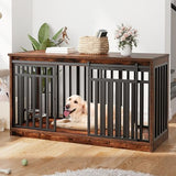 DWVO 55" Extra Large Dog Crate Furniture, Heavy Duty Metal Dog Kennel TV Stand with Sliding Door, Wooden Dog Cage Table with Dog Bowl for Extra Large Medium Dogs or 2 Small Dogs, Rustic Brown DWVO