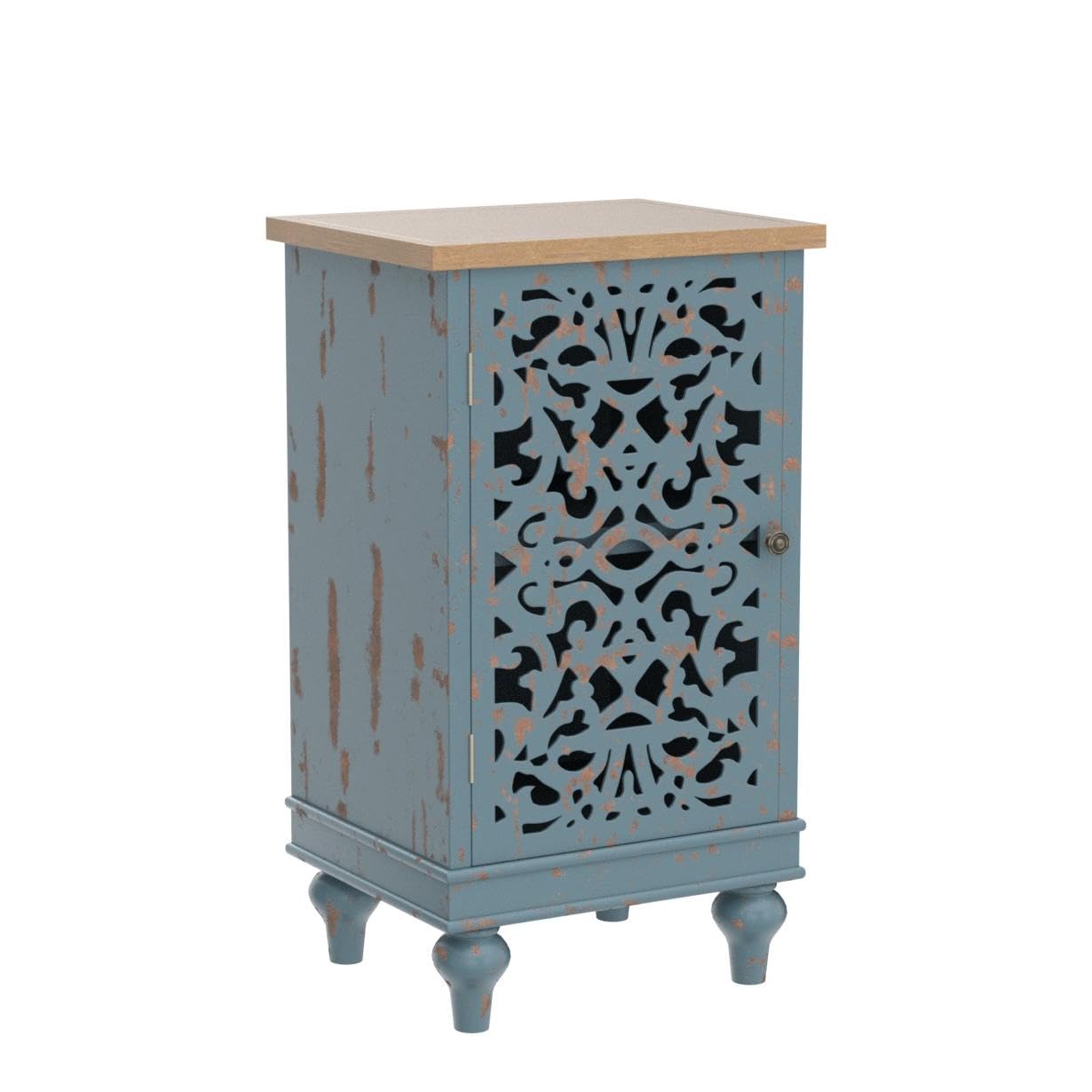 Sophia & William Accent Cabinet Small with Single Door, 31.5" Tall Side End Table, Distressed Nightstand with Wooden Frame and Hollow Carved Door, Blue, 1-Door - WoodArtSupply