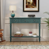 3More Entryway Console Table with 3 Drawers,42" Carved Hallway Table with Open Shelf,Long Sofa Table for Living Room, Hallway, Behind Couch,Green 3More