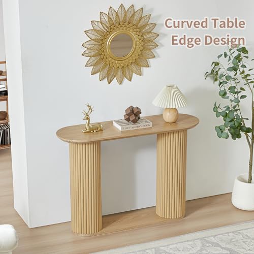 AVZEAR Fluted Entryway Console Table with Storage Shelf, Oval Curved Couch Table Behind Sofa Modern Boho Console Tables Long and Skinny for Living Room Hallway Entrance Foyer, Nature Color AVZEAR
