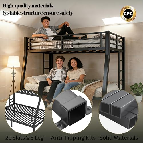 Bellemave Metal Full XL Over Queen Bunk Bed with High Guardrail & Under-Bed Storage, Heavy Duty Bunk Beds Frame with 2 Side Ladders, Full Over Queen Bunk Bed for Adults, No Box Spring Needed, Black Bellemave