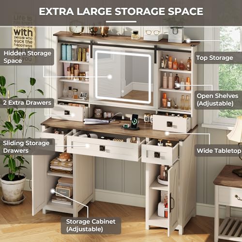 Farmhouse Makeup Vanity Desk with Sliding Mirror and Lights, 47.2" Big Vanity Table with Charging Station, Makeup Desk with 5 Drawers & 2 Cabinets, White MSmask