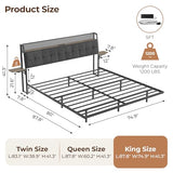 Salamir King Floating Bed Frame with LED & Charging Station, Ergonomic Upholstered Headboard with Folding Shelves Storage, Metal Slats Support, No Box Spring Needed, Easy Assembly, Noise-Free, Grey Salamir
