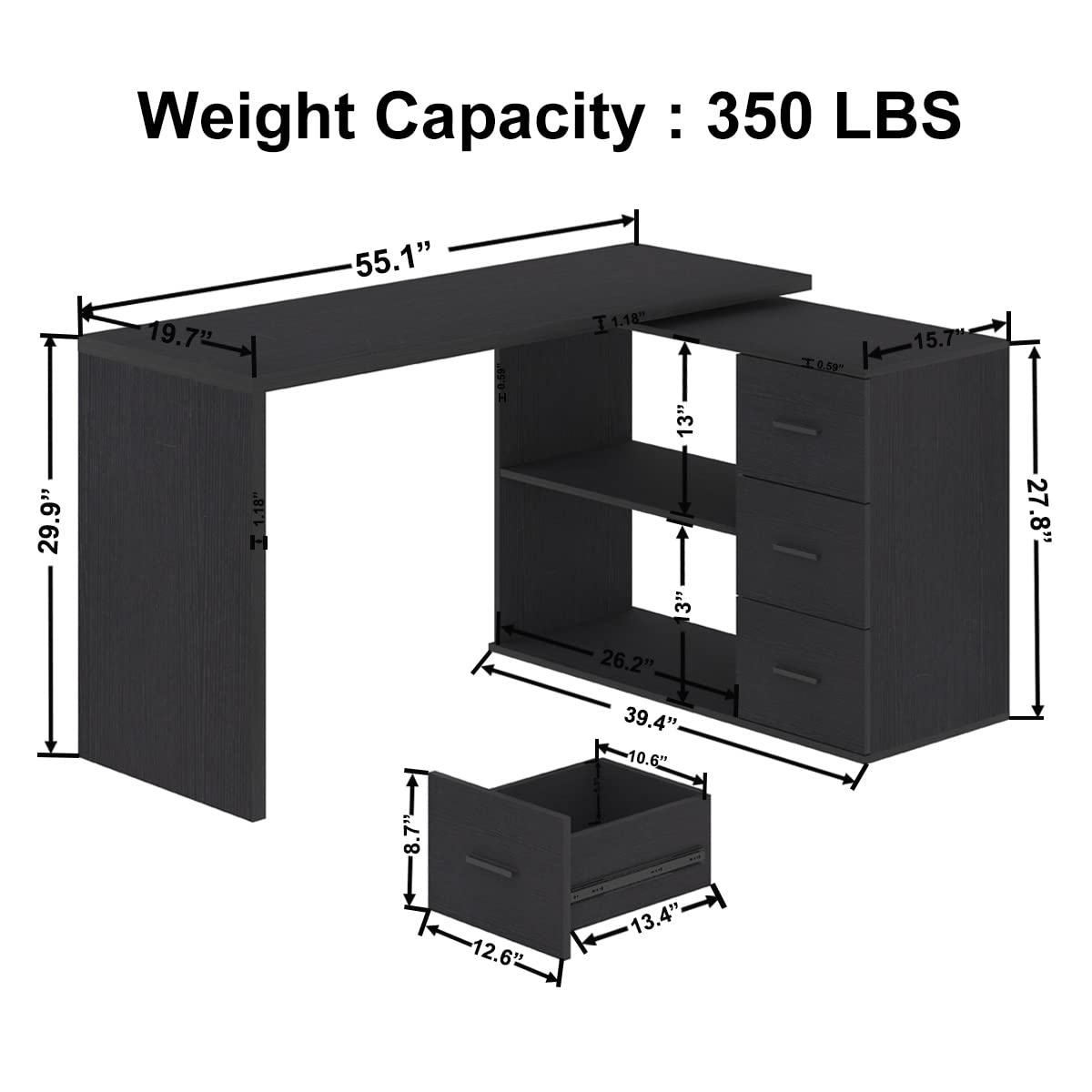 HSH Black L Shaped Desk with Drawers Shelves, 360 Rotating Home Office Desk L Shape with Storage Cabinet, Corner Wood Computer Table for PC Executive Work Study Writing in Bedroom Living Room, 55 in