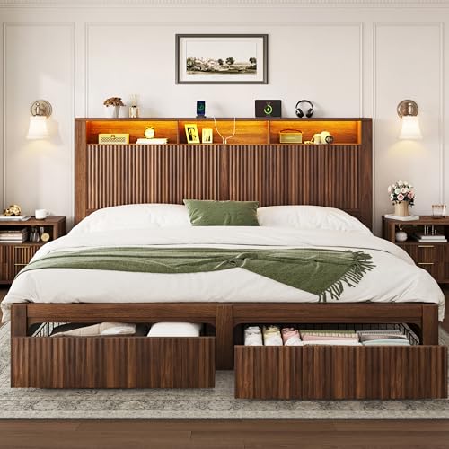 CypBed King Size Bed Frame and Headboard& 2 Storage Drawers, King Bed Frame with LED Light and Charging Port, Farmhouse Wavy Design, Wood & Metal Platform, Noise-Free, No Box Spring Needed, Walnut CypBed