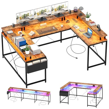 Garvee 79 Inch u Shaped Computer Desk,Large Gaming Desk with Power Outlets & LED Lights,Reversible l Shaped Desk for Home Office Work and Gaming,Rustic Brown Garvee
