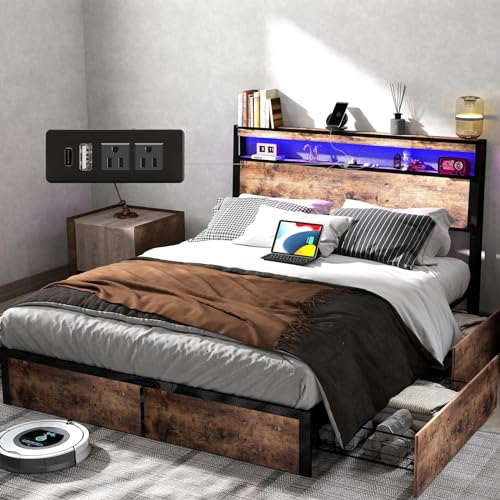 Anyhave Full Size Bed Frame with Storage Drawers, Charging Station and LED Lights in Vintage Brown - WoodArtSupply