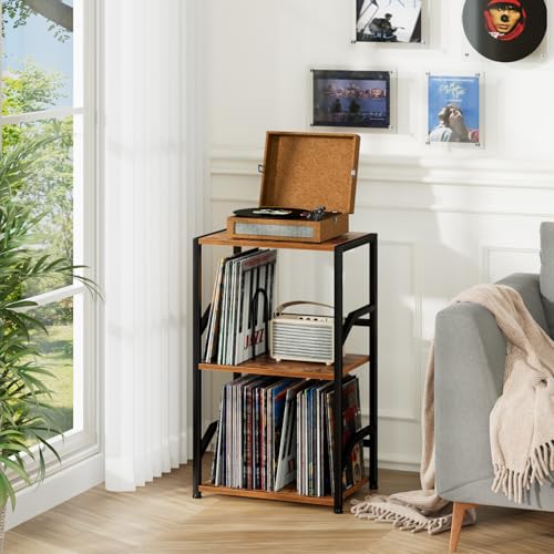 LOAKEKEL Record Player Stand, Vinyl Record Storage Up to 200 Albums, 3 Tier End Table with Removable Dividers, Tall Side Table for Living Room, Bedroom, Rustic Brown, HETCD010BR-1 LOAKEKEL