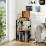 LOAKEKEL Record Player Stand, Vinyl Record Storage Up to 200 Albums, 3 Tier End Table with Removable Dividers, Tall Side Table for Living Room, Bedroom, Rustic Brown, HETCD010BR-1 LOAKEKEL