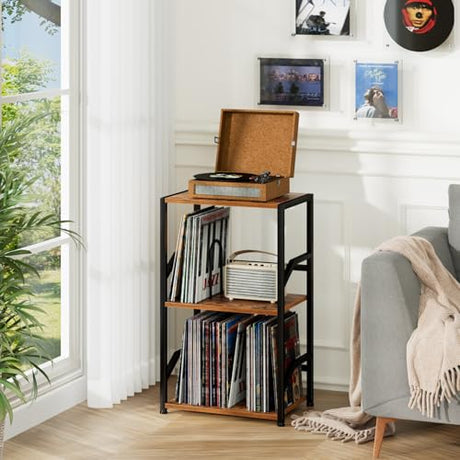 LOAKEKEL Record Player Stand, Vinyl Record Storage Up to 200 Albums, 3 Tier End Table with Removable Dividers, Tall Side Table for Living Room, Bedroom, Rustic Brown, HETCD010BR-1 LOAKEKEL