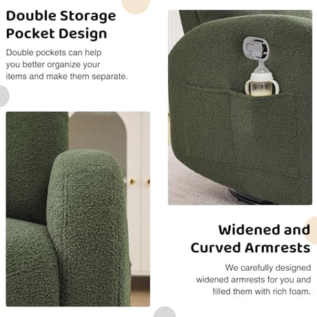 AEMEIOS Nursery Glider Recliner, Boucle Nursery Rocking Chair Recliner, Manual Nursery Glider Recliner with Double Pockets and Lumbar Support for Adult, Teddy Green AEMEIOS