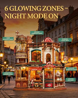 ROKR Moving Dream Coffee Factory DIY Miniature House Kit - 3D Wooden Puzzles for Adults with Music Box & LED Lights, No Glue Kinetic Model Building Kit, Unique Home Decor Gifts for Adults Women Men