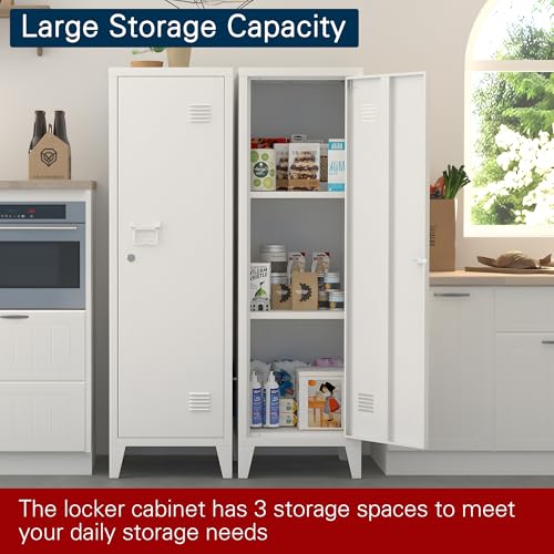 Epochsteele Metal Locker Storage Cabinet Locking Storage Cabinet with Door and Removable Shelves Narrow Storage Cabinet for Kitchen Pantry Bathroom (White) Epochsteele