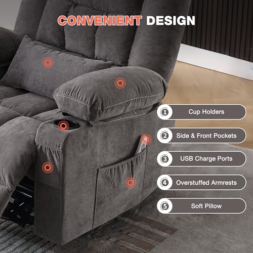 Swivel Rocker Recliner Chair with Vibration Massage and Heat Ergonomic Lounge Chair for Living Room with Rocking Function and Side Pocket, 2 Cup Holders, USB Charge Port