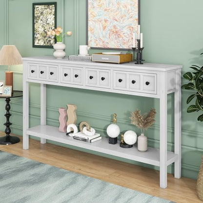 Merax Long Entryway Table with Storage Drawers and Bottom Shelf, 60" Farmhouse Narrow Console Table Sofa Table for Entryway, Antique White - WoodArtSupply