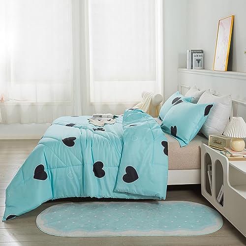 Caressma Love Pattern Girls Comforter Set Full Size, Sky Blue Cute Love Heart Print Comforter Bedding Set for All Seasons, Geometric Soft Microfiber 3 Pieces Comforter Set with Pillowcases Caressma