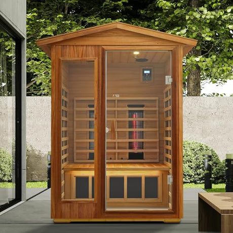 KUNSANA Outdoor Sauna 2 Person, Ceramic Infrared Saunas for Home, Ultra Low EMF Infrared Sauna, Mahogany Wood Home Sauna Room with Bluetooth Speakers, LED Reading Lamps, Chromotherapy Lights KUNSANA