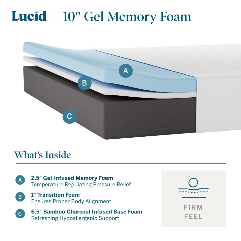 LUCID 10 Inch Memory Foam Mattress - Firm Feel - Infused with Bamboo Charcoal and Gel - Bed in a Box - Temperature Regulating - Pressure Relief - Breathable - California King Size LUCID