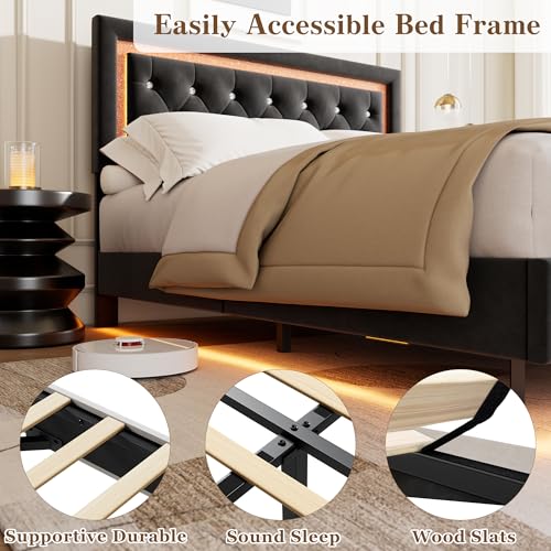 Garvee Floating Bed Frame Queen Size with Smart Led Lights, Upholstered Platform Bed with Diamond Headboard, Solid Wood Slats Support, No Box Spring Needed, Noise-Free, Easy Assembly, Black Garvee