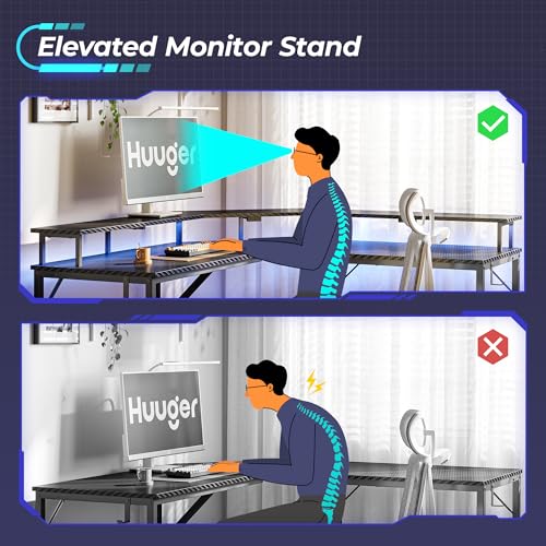 Huuger L Shaped Gaming Desk with Power Outlets & LED Lights, Computer Desk with Monitor Shelves, Carbon Fiber Surface, Home Office Desk, Corner Gaming Desk with Hooks, Carbon Fiber Black Huuger