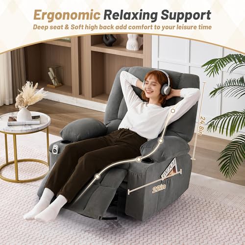 Oversized Swivel Rocker Recliner Chair with Massage & Heat,Recliner Chair for Adults,Ergonomic Relining Chair with Cup Holders,USB Charge Port,Side Pockets,Nursery Rocking Chairs for Living Room,Grey