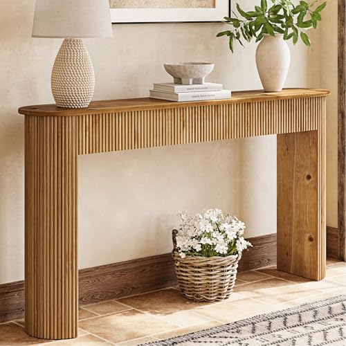 TRIBEWOOD Solid Wood Console Table, 63" Long Retro Entryway Table with Vertical Fluted Stripes and Wide Solid Wood Legs, for Living Room, Hallway, Behind Sofa, Next to Entrance TRIBEWOOD