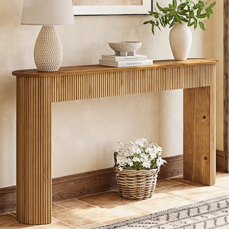 TRIBEWOOD Solid Wood Console Table, 63" Long Retro Entryway Table with Vertical Fluted Stripes and Wide Solid Wood Legs, for Living Room, Hallway, Behind Sofa, Next to Entrance TRIBEWOOD