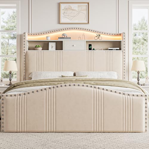 CIKUNASI 51.5" Queen Size Bed Frame with Tall Headboard and Storage | Velvet Upholstered Bed Frame with LED Lights & Charging Station | No Box Spring Needed Tall Footboard White CIKUNASI