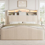CIKUNASI 51.5" Queen Size Bed Frame with Tall Headboard and Storage | Velvet Upholstered Bed Frame with LED Lights & Charging Station | No Box Spring Needed Tall Footboard White CIKUNASI