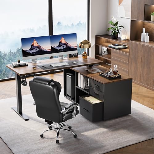 HUANUO L Shaped Standing Desk, Electric Executive Desk with Drawers, Adjustable Height Stand Up Desk, 55″ x 23.6″ One-Whole Piece Desktop, Home Office Computer Desk with 4 Memory Presets, Walnut HUANUO