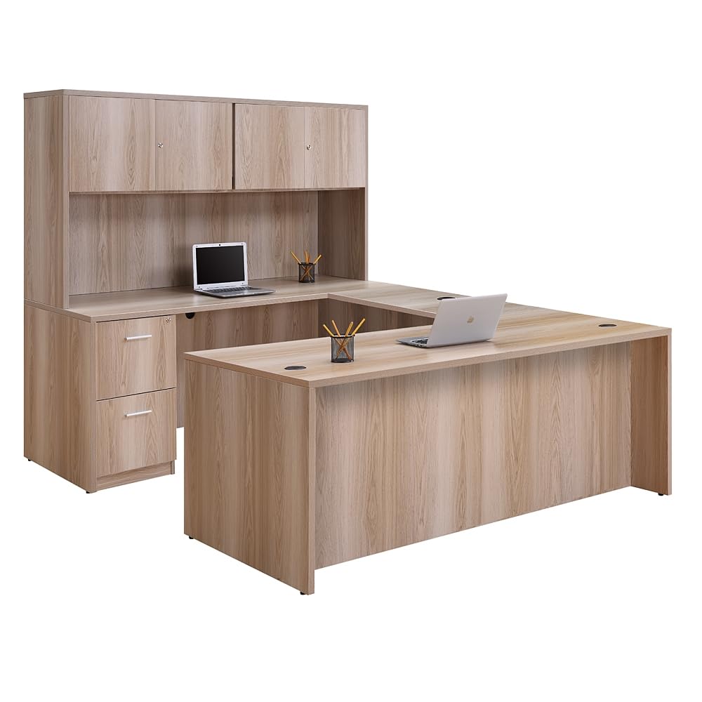 NBF at Work U Shaped Desk for Home and Office - Office Desk with Reversible Bridge - File Cabinet with Two Drawers - Gray Finish Executive Desk - Computer Desk with Durable Laminate Surface(71" W) nbf signature series