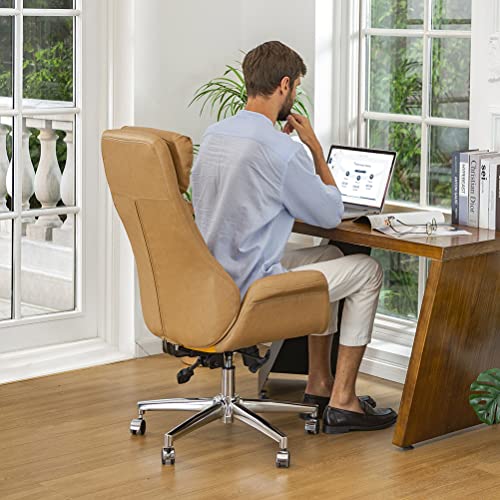 Glitzhome Modern Executive Office Chair, High Back PU Leather Ergonomic Computer Desk Chair, Adjustable Height Swivel Office Task Chair with Lumbar Back Support (Camel) Glitzhome