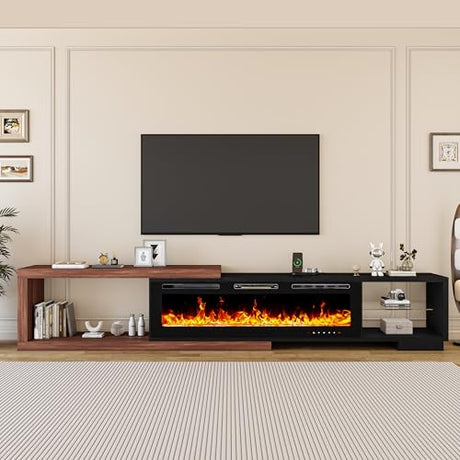 Bvldfamly Fireplace Extendable TV Stand for 120 Inch TV, Modern Entertainment Center with LED Light, Wood Reversible TV Media Console with Power Outlet for Living Room, 71"-116", Black Bvldfamly