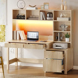 YITAHOME Computer Desk with Hutch and Drawers, 55" Office Desk with Storage Shelves and Printer Stand, Gaming Desk with Power Outlets & LED Lights, Fluted Sturdy Writing Workstation, Natural Oak YITAHOME