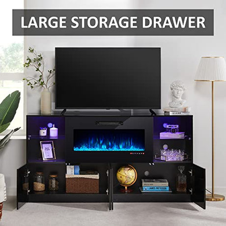 AMERLIFE Modern High Gloss 68" Fireplace TV Stand, Media Entertainment Center with Fireplace & LED Lights for TVs up to 78", TV Console Cabinet with Adjustable Glass Shelves for Living Room, Black AMERLIFE