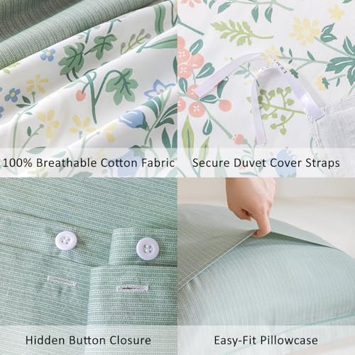 LEMIROE 100% Cotton Floral Duvet Cover Twin Size 2PC - Botanical Wildflower Pattern with Soft Pestel Accents on White, Dusty Green Reverse, Neutral Bedding Set with Button Closure(68"×90") LEMIROE
