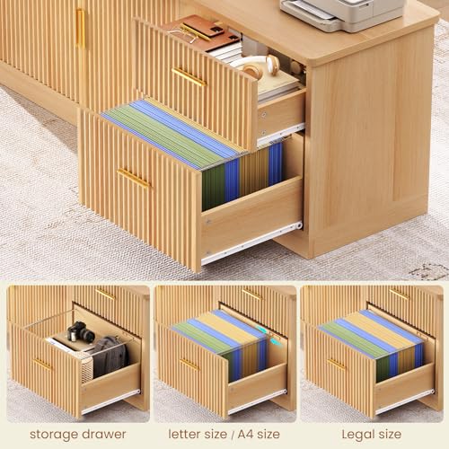 SEDETA L Shaped Electric Standing Desk, 55 inch Height Adjustable Office Executive Desk with Storage Drawers, Fluted Sit Stand Corner Computer Desk with Power Outlets for Home Office, Oak SEDETA