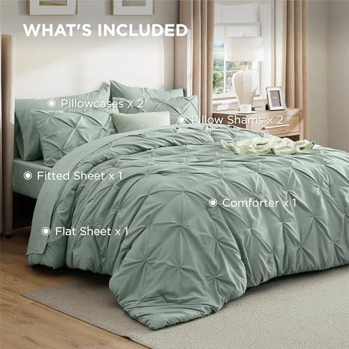 Bedsure Queen Comforter Set Sage Green - Bed in a Bag Queen Size Bedding 7 Pieces, GentleSoft™ Pintuck Bed Set Gift for Family, Pinch Pleat All Season Comforter with Sheets, Pillowcases & Shams Bedsure
