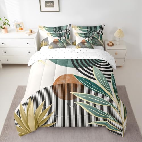 Erosebridal 7 Piece Boho Mid Century Bedding Sets Full Modern Abstract Geometric Comforter Set for Women Men,Retro Minimalist Aesthetic Bed in a Bag Line Art Sheet Set with Comforter,Green Erosebridal