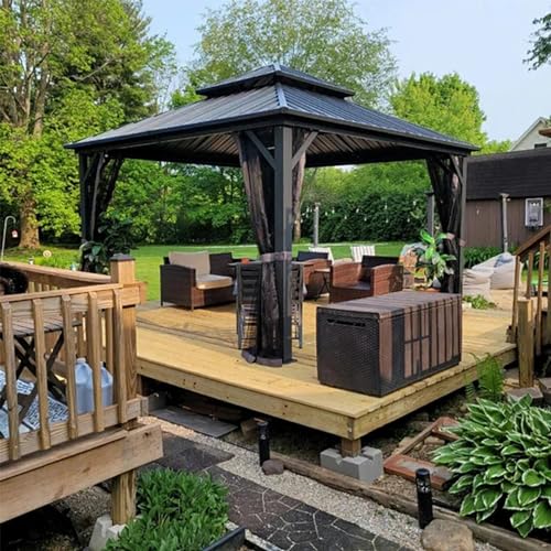 Domi Hardtop Gazebos 12x12FT, Aluminum Metal Gazebo with Galvanized Steel Double Roof Canopy, Curtain and Netting, Permanent Gazebo Pavilion for Patio, Backyard, Deck and Lawn, Grey - WoodArtSupply